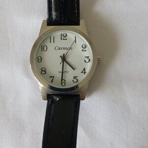 Vintage Carmen Quartz Wrist Watch White & Silver, Black Leather Strap Working